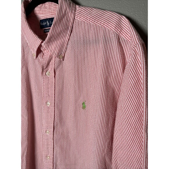 Ralph Lauren XL Cotton‎ Seersucker Shirt Striped Classic Green Pony Pink White - Picture 3 of 6